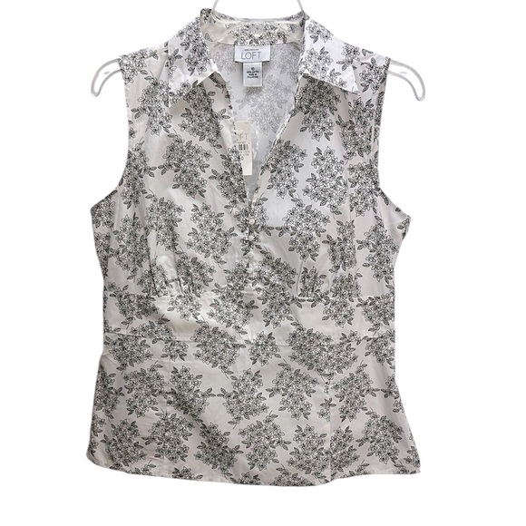Ann Taylor Loft Sleeveless Floral Print Top 10 Poplin Cotton Black & White - Picture 1 of 13